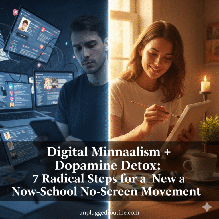A conceptual split-image illustrating a dopamine detox: one side shows a cluttered brain with social media icons and glowing phone light, while the other side shows a peaceful, clear mind with a person meditating in nature, featuring the title "Digital Minimalism + Dopamine Detox."