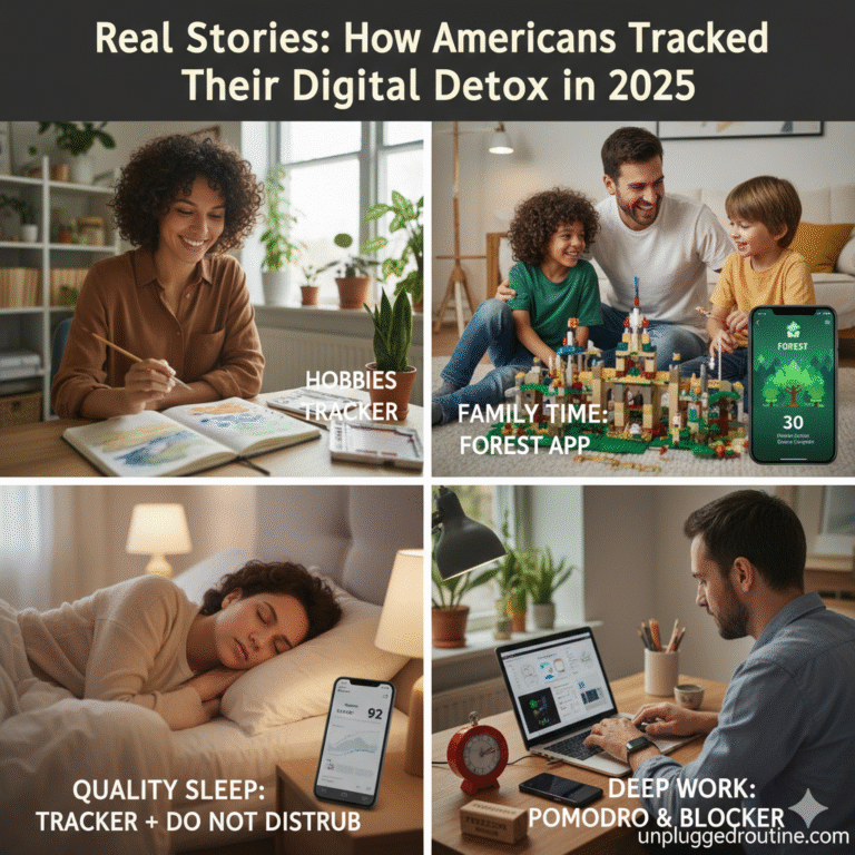 A diverse collage of polaroid-style photos showing real stories: how Americans tracked their digital detox—including a person hiking without a phone, a family playing board games, and a close-up of a handwritten habit tracker—capturing the authentic spirit of an unplugged routine.