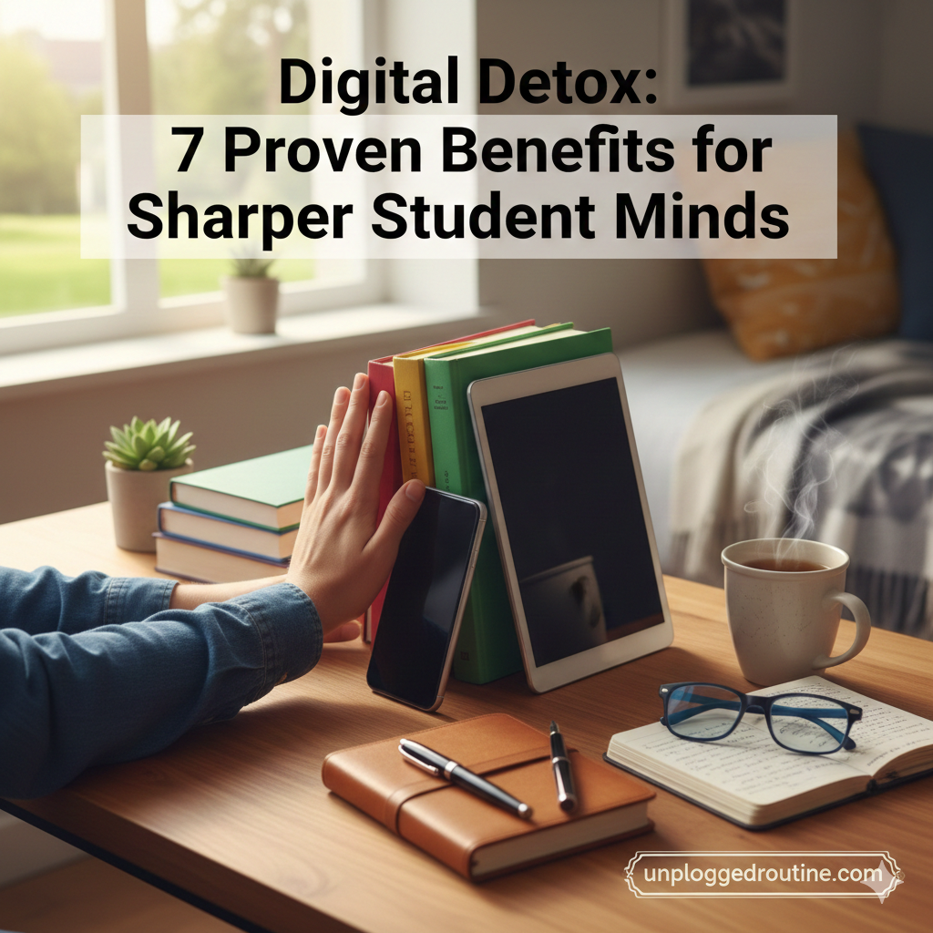 A student's hand pushing away a smartphone on a wooden desk filled with physical books, a steaming cup of coffee, and an open notebook, featuring the text "Digital Detox: 7 Proven Benefits for Sharper Student Minds" and the unpluggedroutine.com logo.