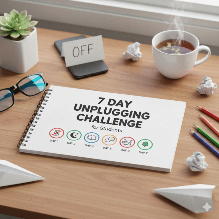A 7-day calendar and checklist on a wooden desk next to an analog clock and books, representing the 7 Day Unplugging Challenge for Students in a bright, distraction-free room.