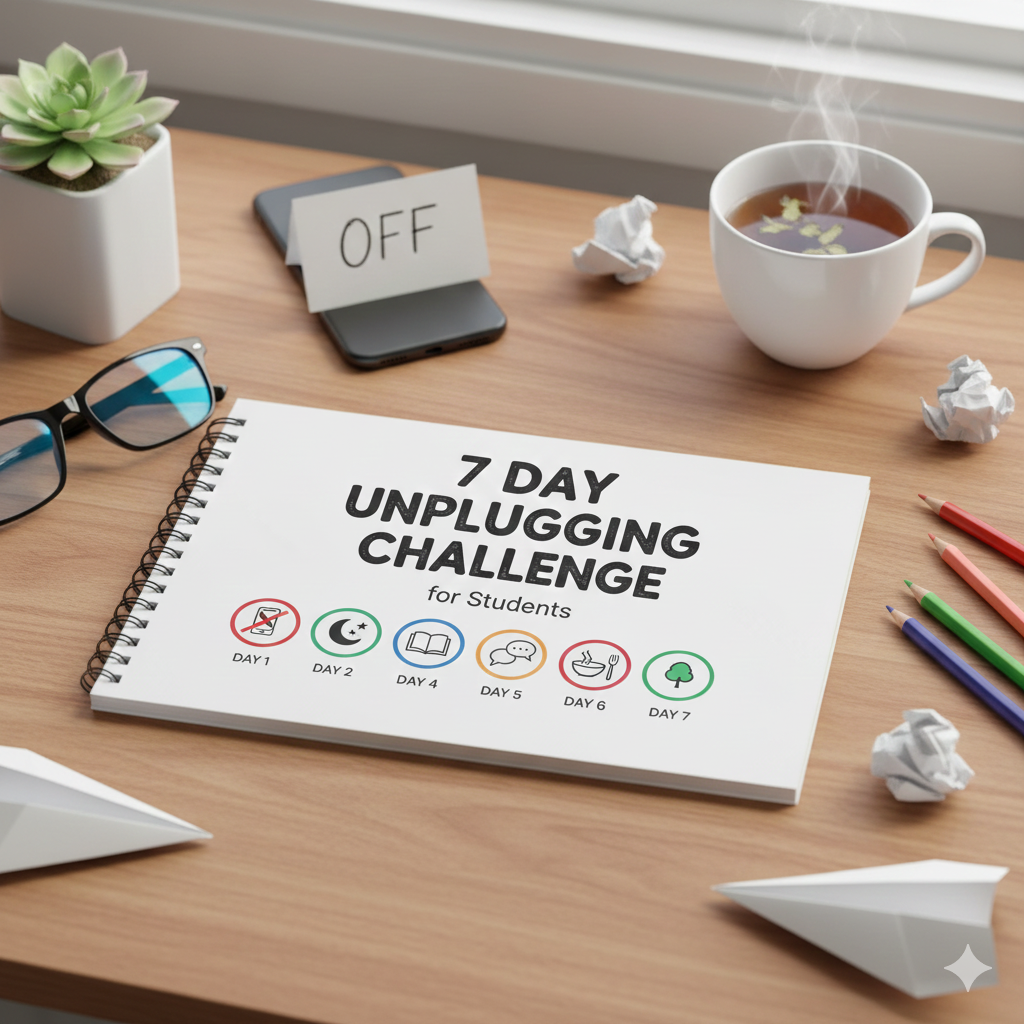 A 7-day calendar and checklist on a wooden desk next to an analog clock and books, representing the 7 Day Unplugging Challenge for Students in a bright, distraction-free room.