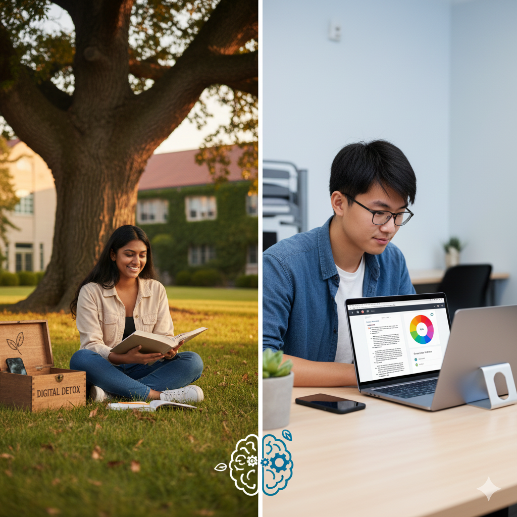 A balanced comparison of student life: College students laughing and studying with physical books while practicing mindful tech use by keeping their digital devices organized in a wooden storage box.