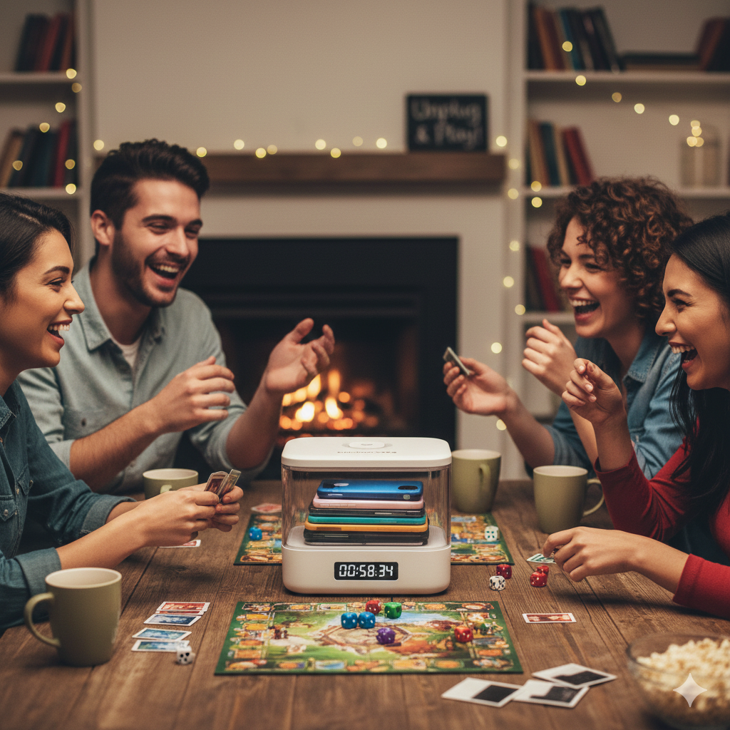 "A group of diverse friends enjoying a friends unplugging pact by stacking their smartphones in a decorative wooden box on a coffee table while laughing and engaging in real-life conversation."