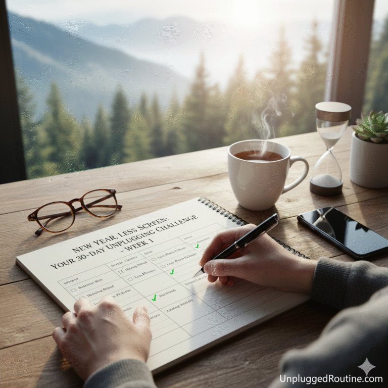 "A 30-day digital detox progress planner and screen time audit infographic for 2026, showing weekly usage trends, app category breakdowns, and goals for reducing notifications and mindless scrolling on UnpluggedRoutine.com."