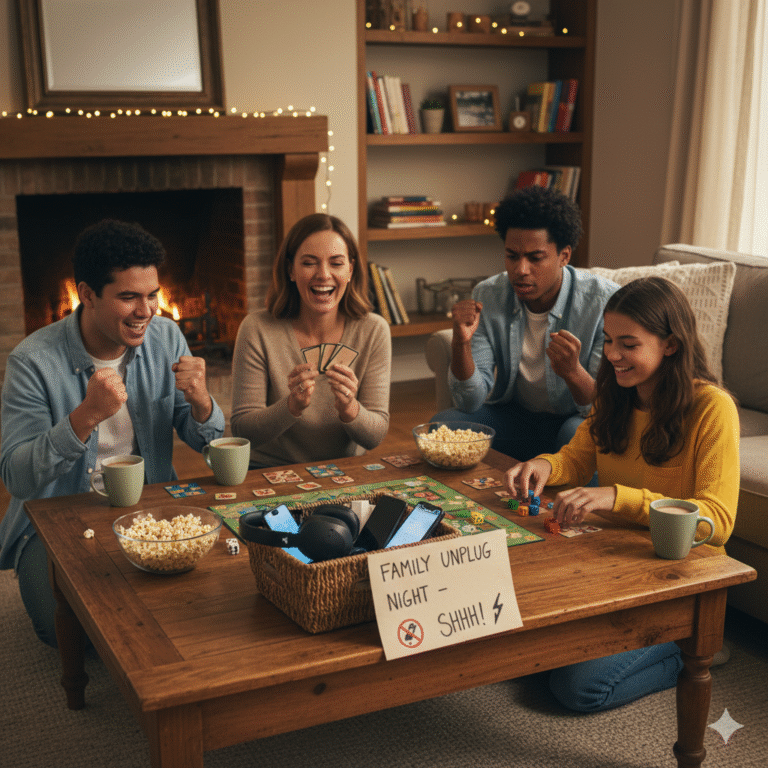 "A happy mother, father, and teenage daughter enjoying a family unplug night by playing a board game together in a cozy living room without any phones or screens visible."