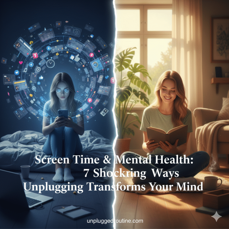 A serene, split-composition image illustrating the connection between screen time and mental health; the left side shows a person looking stressed while backlit by a bright, blue-light smartphone, while the right side shows the same person looking peaceful and relaxed while reading a paper book in warm light, titled "Screen Time & Mental Health: 7 Shocking Ways Unplugging Transforms Your Mind."