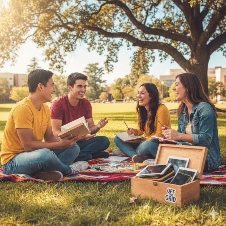 A group of diverse college students laughing and studying together on a sunny campus lawn, with their smartphones and tablets tucked away in a wooden box labeled "Off The Grid" to represent an unplugging routine.