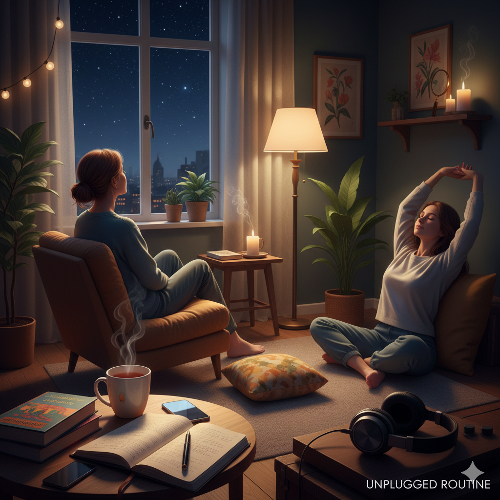 A cozy, screen-free desk setup featuring a steaming cup of coffee and books, perfect for practicing these unplugging ideas tonight.