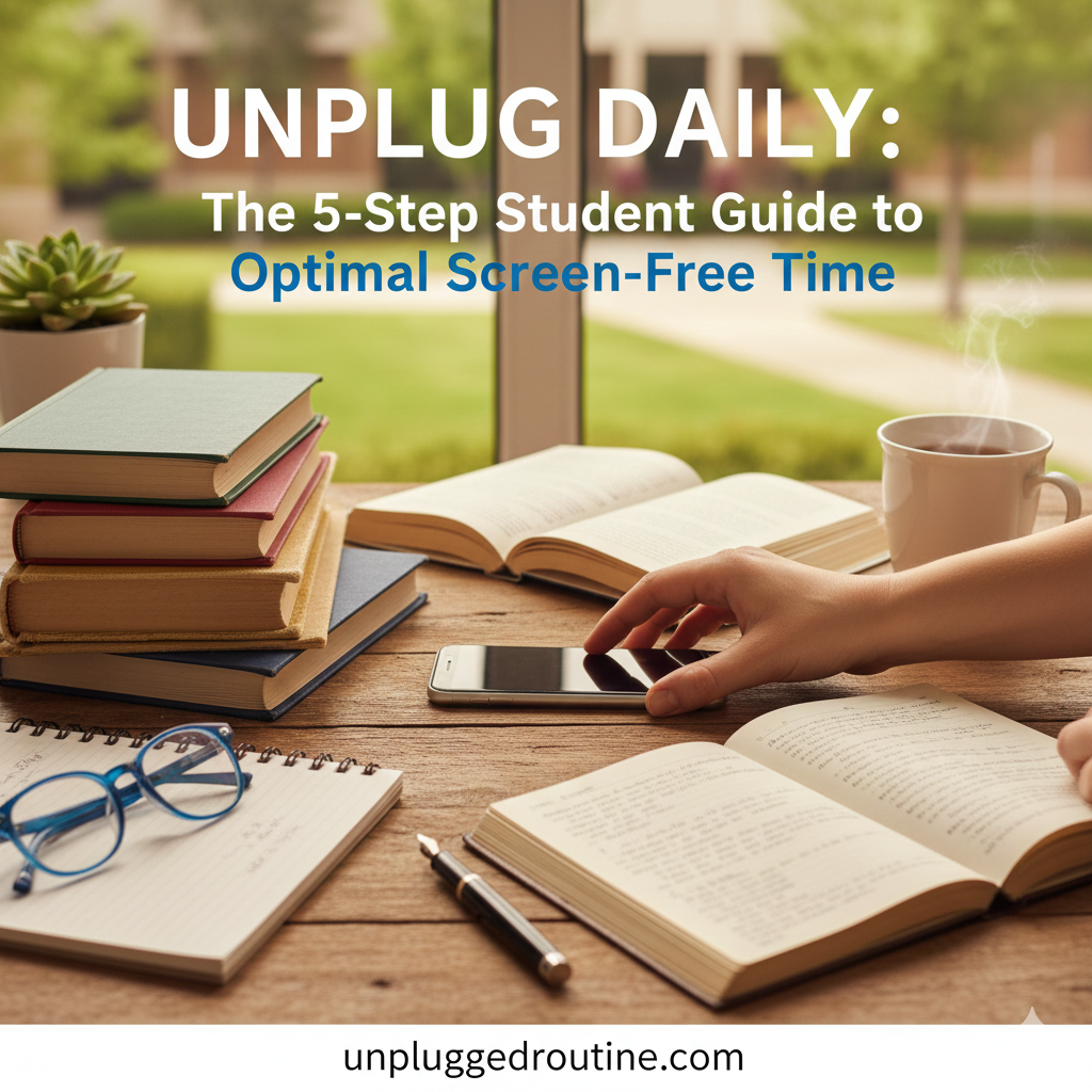 A student's hand firmly pushing away a smartphone and tablet on a sunny desk, opting instead for a stack of colorful physical books, an open journal, and a steaming cup of tea, with the title "Unplug Daily: The 5-Step Student Guide to Optimal Screen-Free Time" and the unpluggedroutine.com logo.