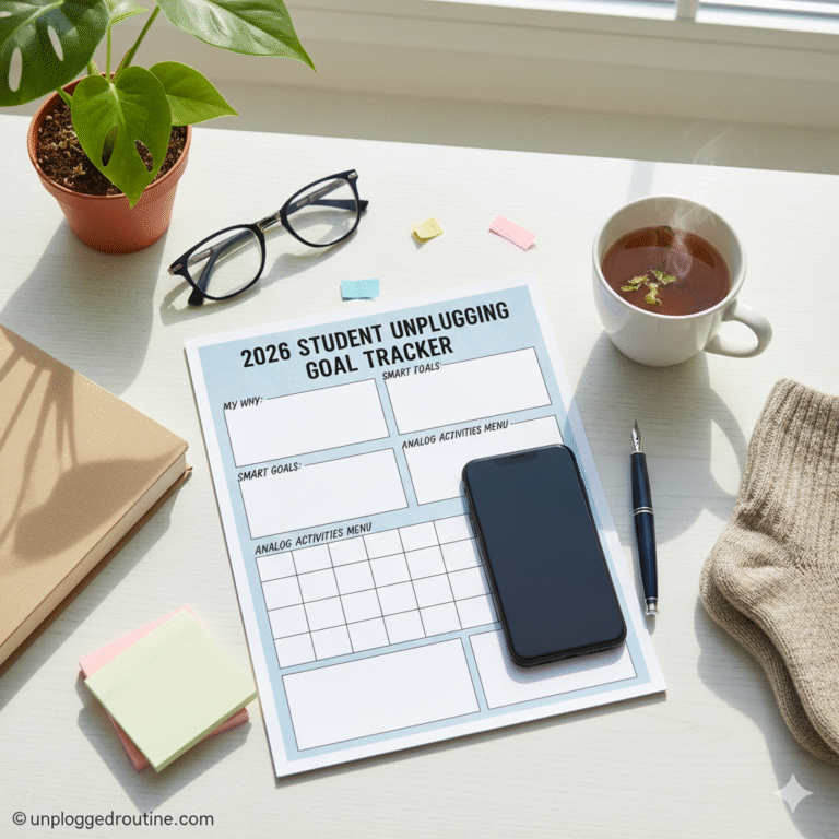 "An aesthetic flat-lay image of a New Year's unplugging planner, featuring a physical paper checklist with the heading 'My Unplugging Goals,' a set of colorful pens, a wooden desk, and a smartphone placed far off to the side to emphasize a healthy digital routine for students."