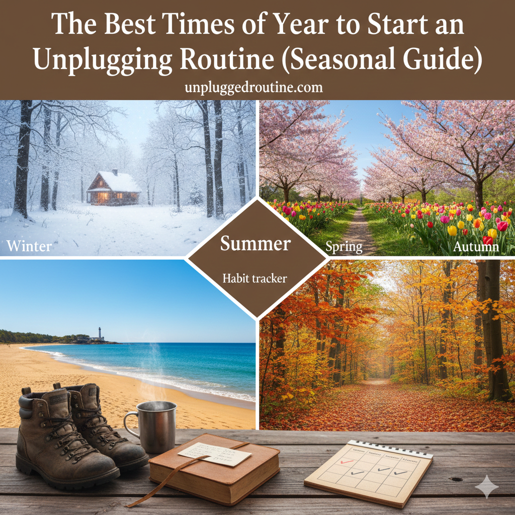 A visual representation of the unplugging routine seasonal guide showing a year-round journey of digital wellness through all four seasons.