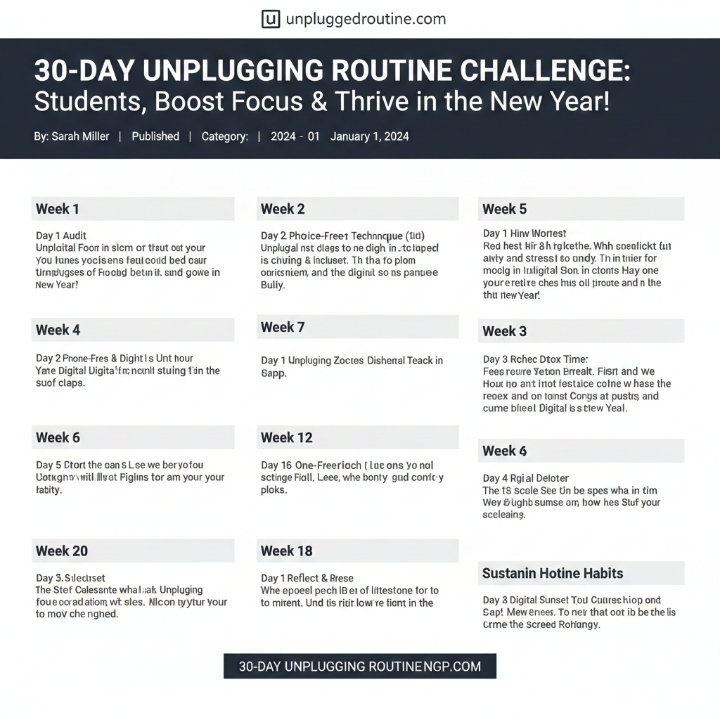 "A clean and organized 30-Day Unplugging Routine Challenge infographic for students, featuring a weekly calendar layout with digital detox tasks, mindful morning habits, and screen-free study tips for a productive New Year."